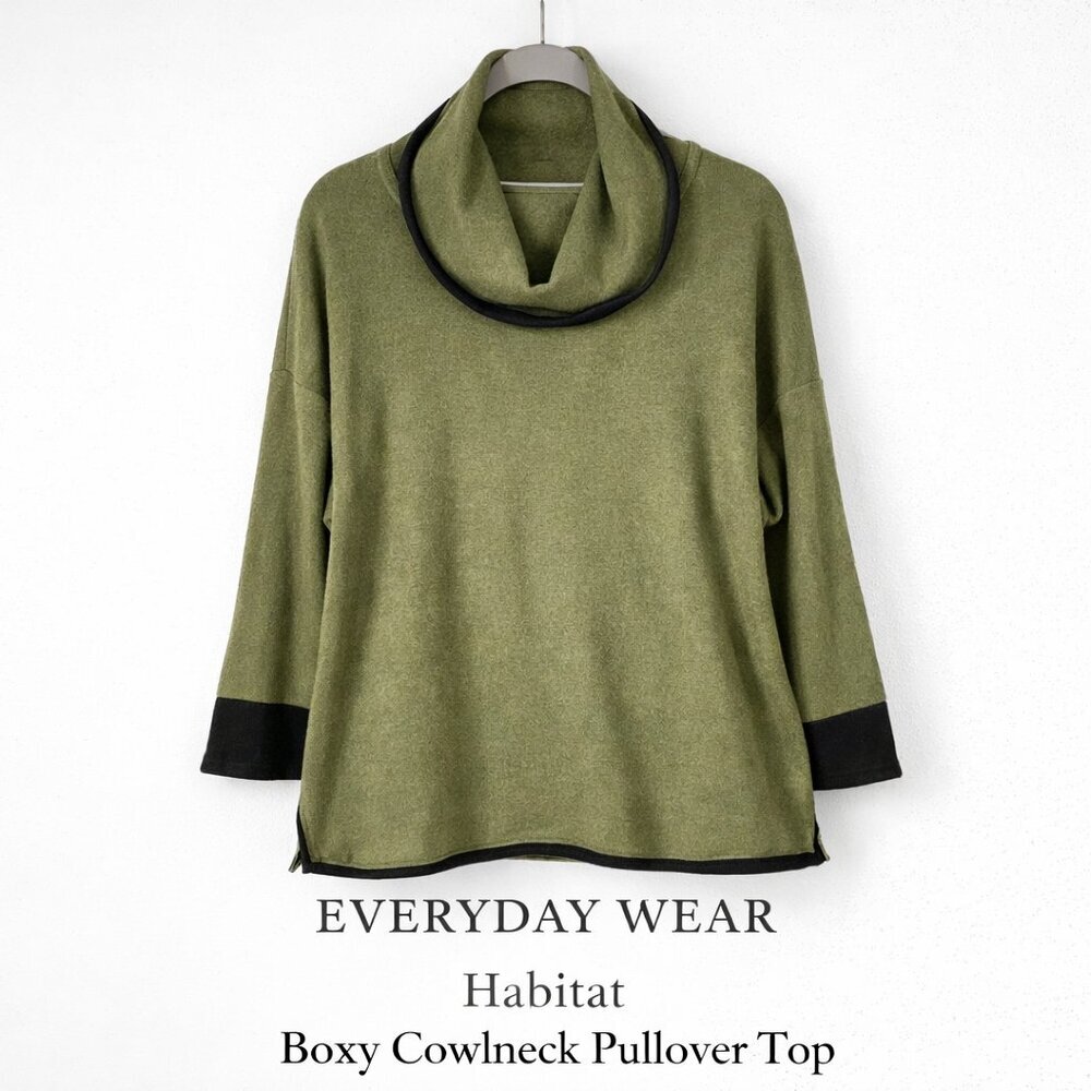 Habitat Moss Green Wool Blend Boxy Cowlneck Lagenlook Pullover Top Women’s Small